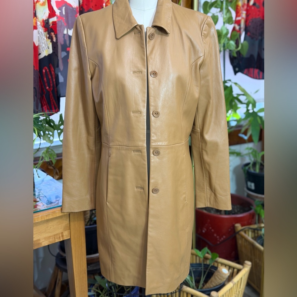 Kenneth Cole Reaction Long Line Leather Trench Coat Jacket Womens Medium Tan